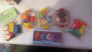 Bulk Variety Set of Novelty Erasers Including Donuts Animals Sports and Transpor